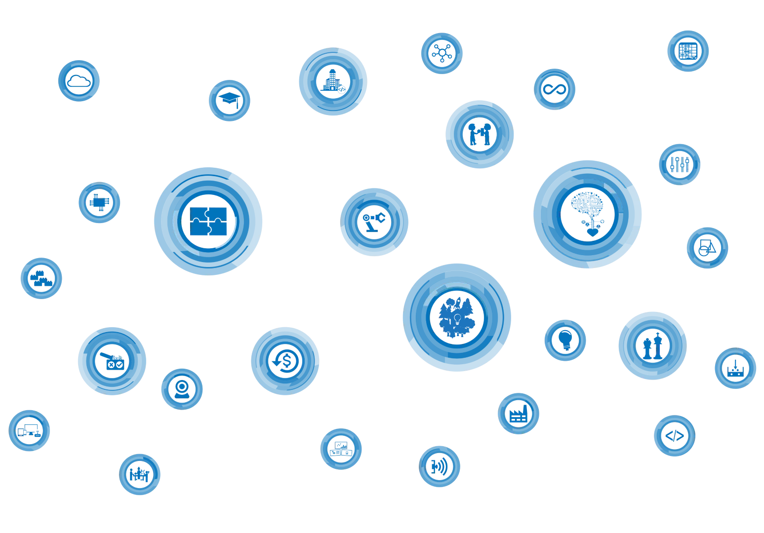 Bubbles of different sizes with symbols inside